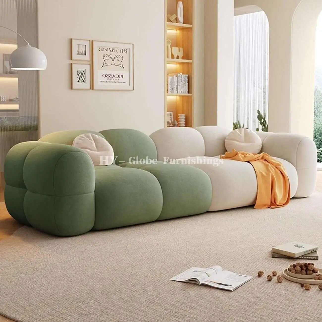 Globe Furnishings - Puff Baby Fleece Compressed Sofa SKU-04-【亲肤柔顺防水布】豆绿色+米白