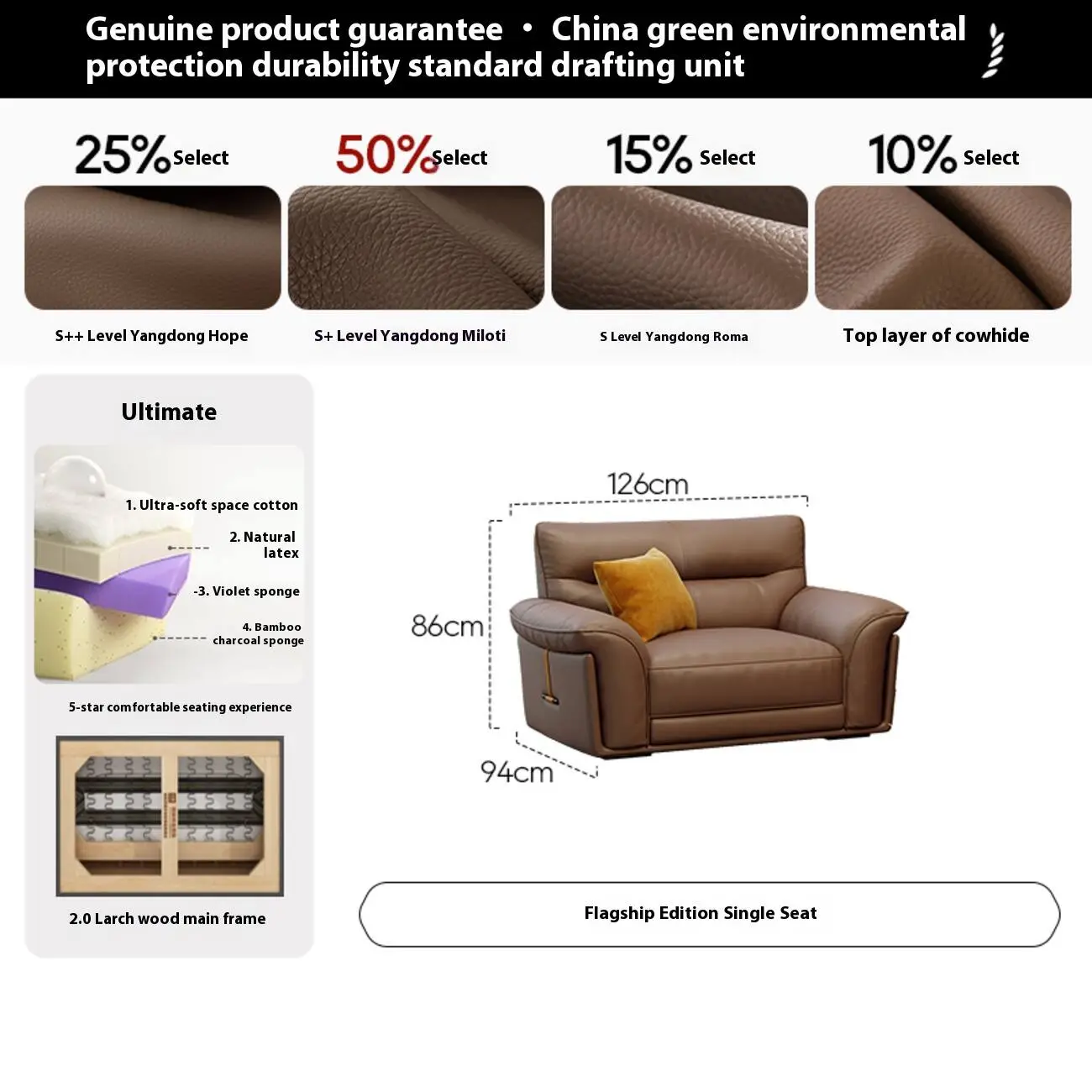 SKU-05-【旗舰版单人位-赛尔德】5星舒适坐感20松木实木框架 Globe Furnishings - Italian-style straight-back cowhide casual chair