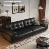 Vintage-Style Minimalist Modern Large Black Leather Sofa