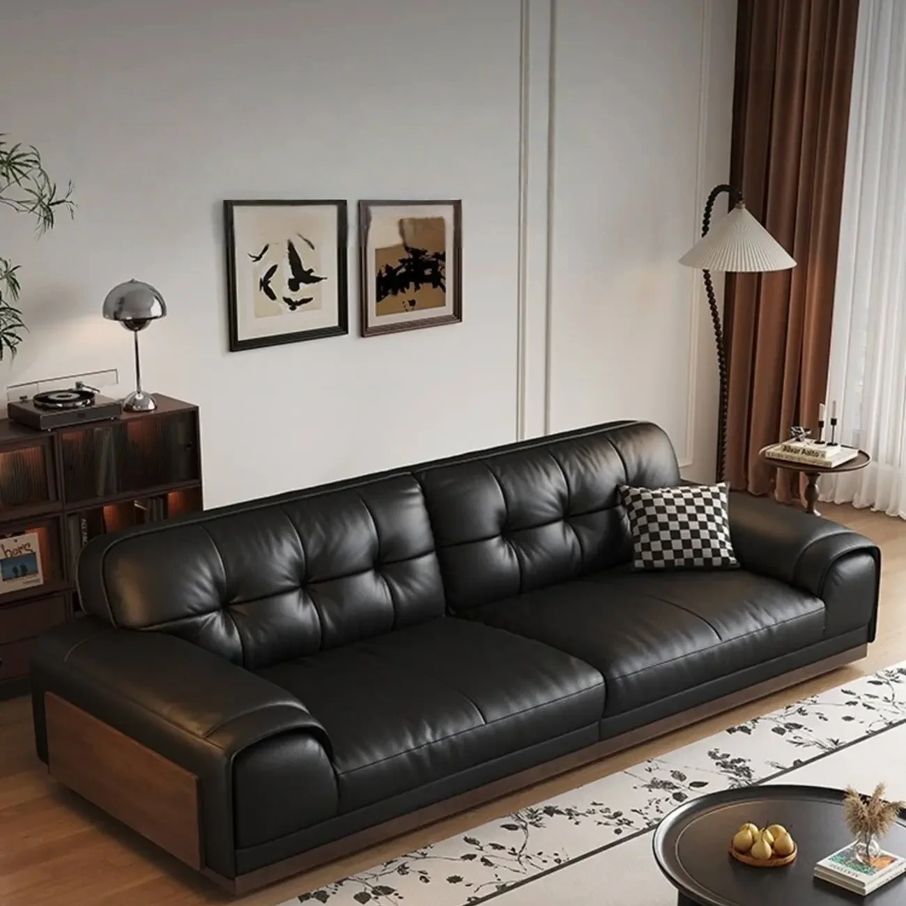 主图-01-15 Globe Furnishings - Vintage-Style Minimalist Modern Large Black Leather Sofa