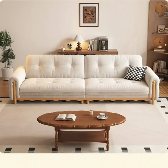 Solid Wood Mid-Century Straight-Back Chenille Sofa
