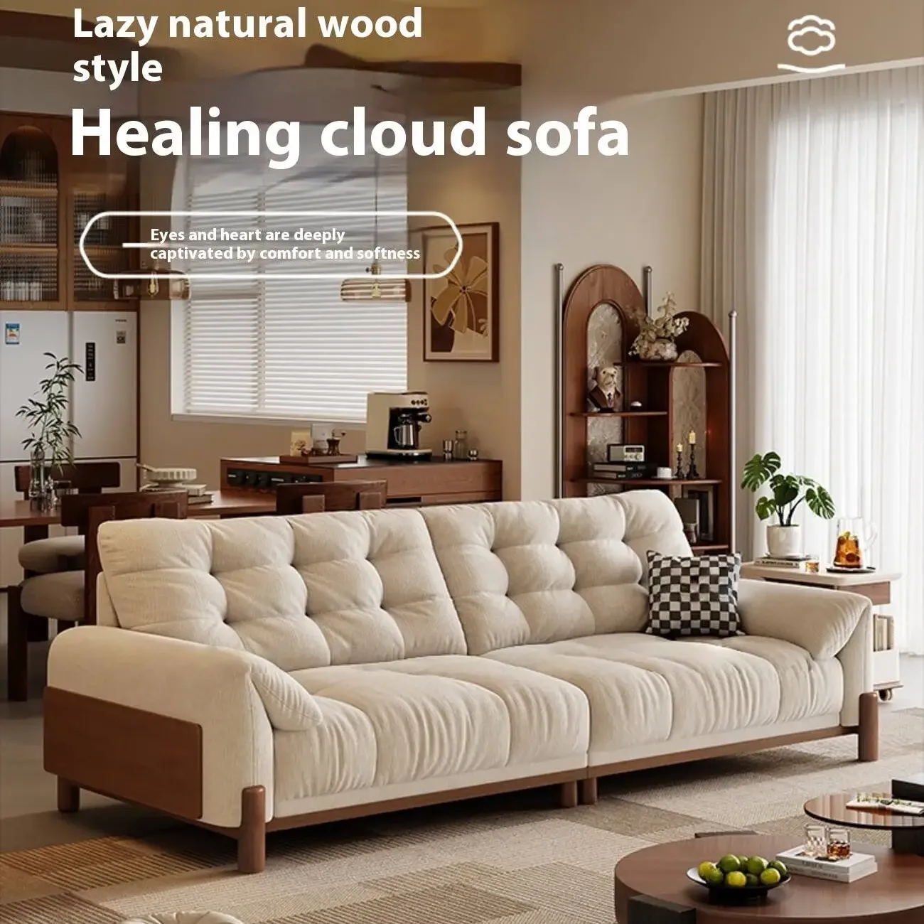 主图-01 Globe Furnishings - Vintage-Style Solid Wood Cloud-Pattern Upholstered Sofa