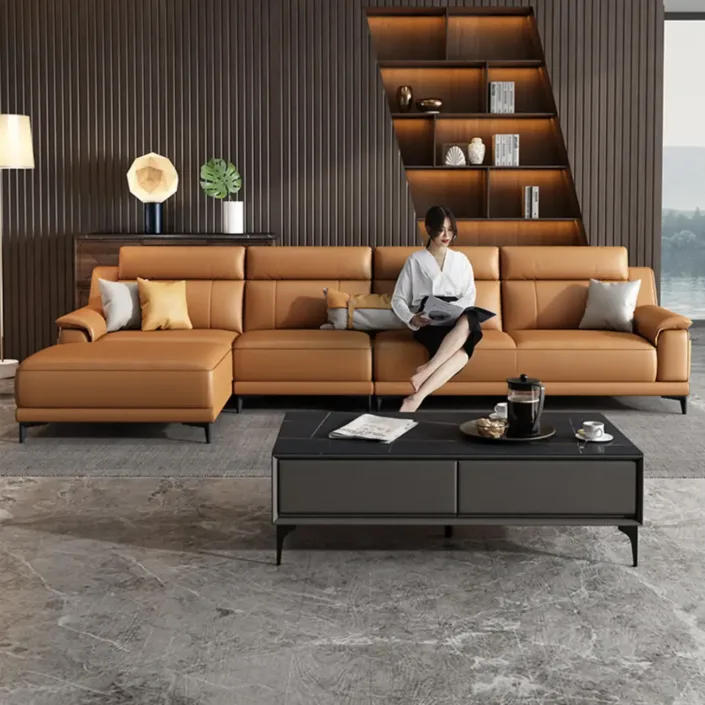 Globe Furnishings - Italian Minimalist Top-Grain Leather Chaise Corner Sofa Globe Furnishings - Italian Minimalist Top-Grain Leather Chaise Corner Sofa