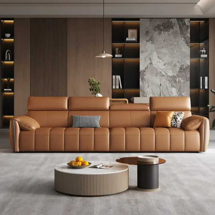 Italian Minimalist Piano Key Linear Top-Grain Leather Sofa