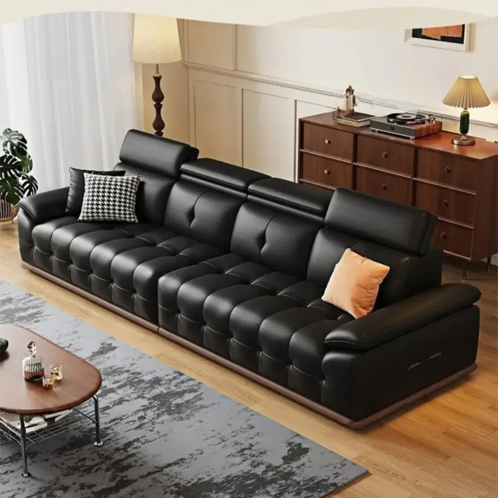 Retro straight-line genuine leather sofa