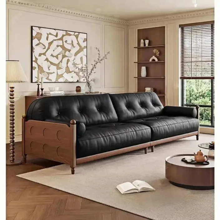 American-style vintage top-grain leather straight sofa