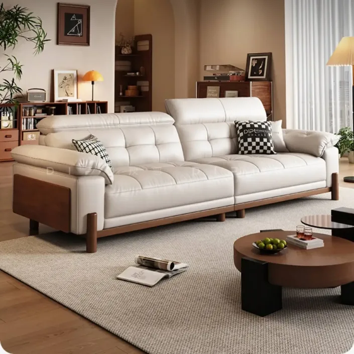 Vintage Solid Wood Top-Grain Leather Sofa