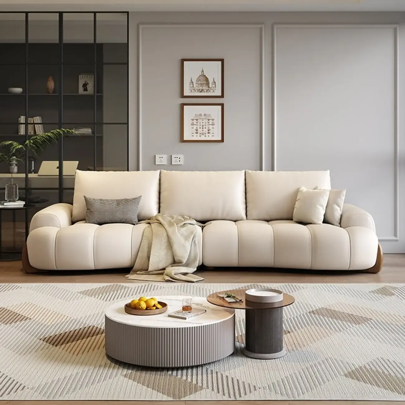 主图-01 Globe Furnishings - Italian Curved Cream-Colored Leather Sofa