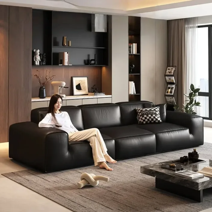 Italian Luxury Black Cowhide Leather Sofa