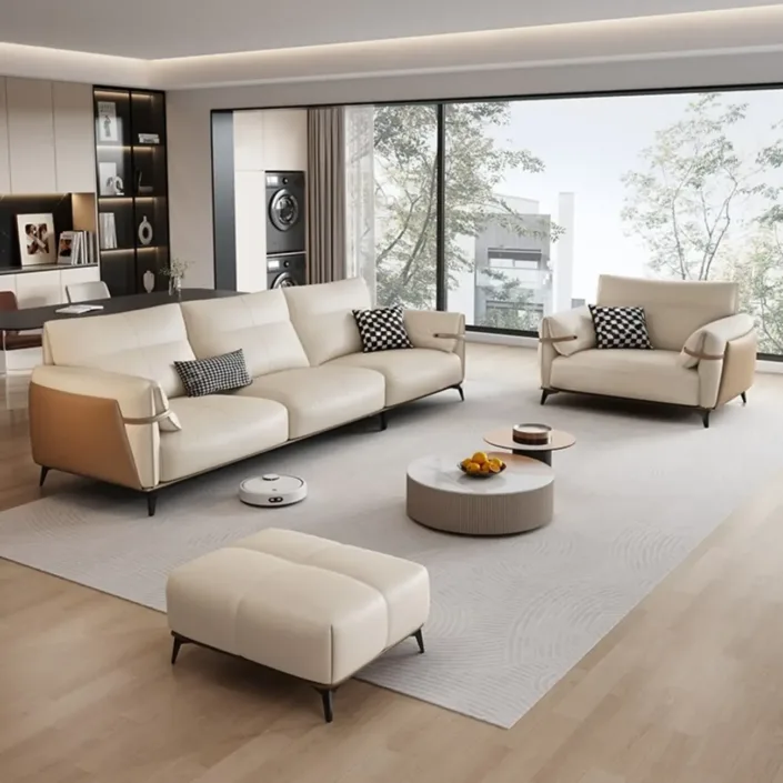 Italian minimalist luxury straight-line genuine leather sofa
