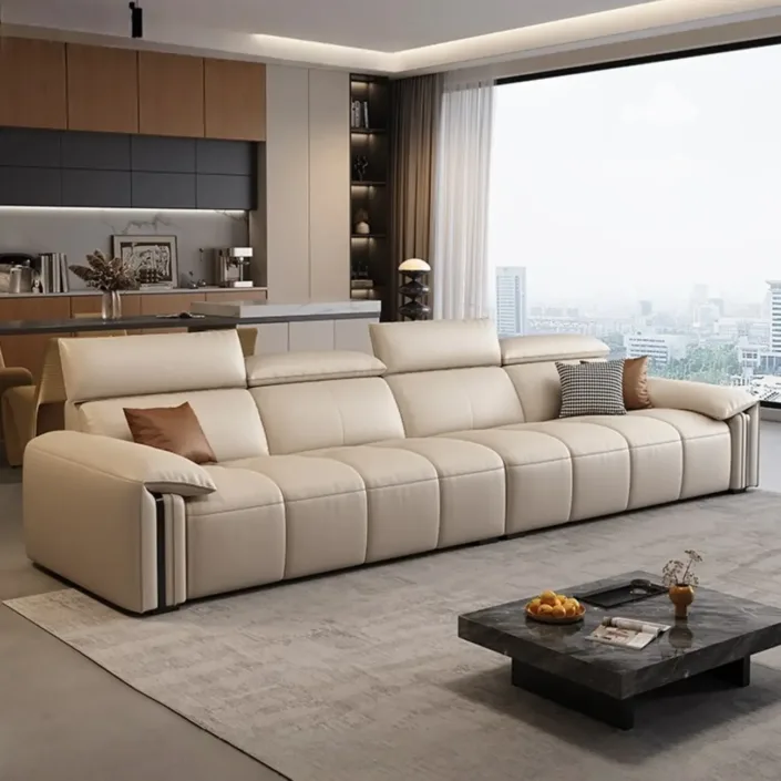 Italian Minimalist Straight-Line Top-Grain Leather Sofa