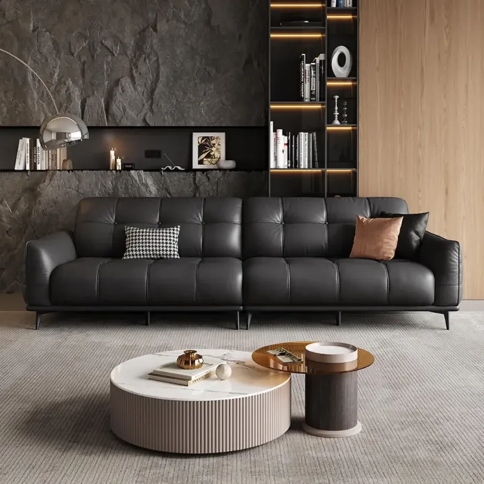 Straight-row leather sofa with glass legs