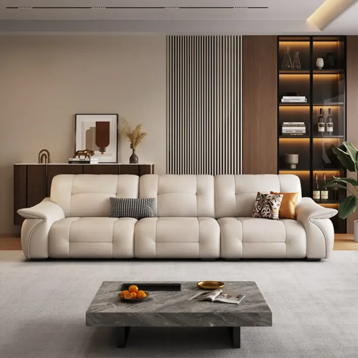 Italian Light Luxury Cream Leather Straight Sofa