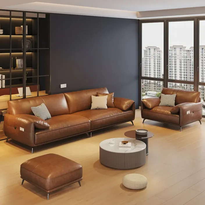 Globe Furnishings - Oil-wax leather light luxury Italian straight-line sofa Globe Furnishings - Oil-wax leather light luxury Italian straight-line sofa