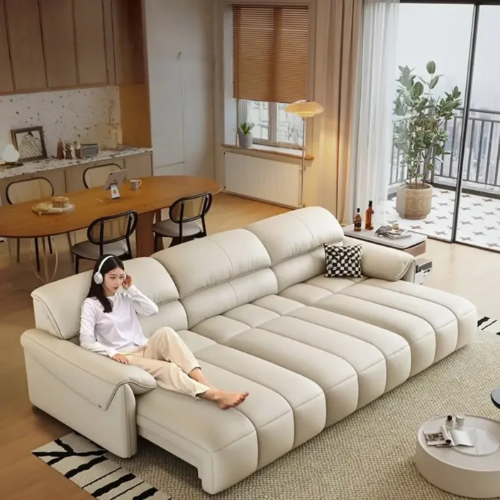 Multifunctional Extendable Top-Grain Leather Sofa
