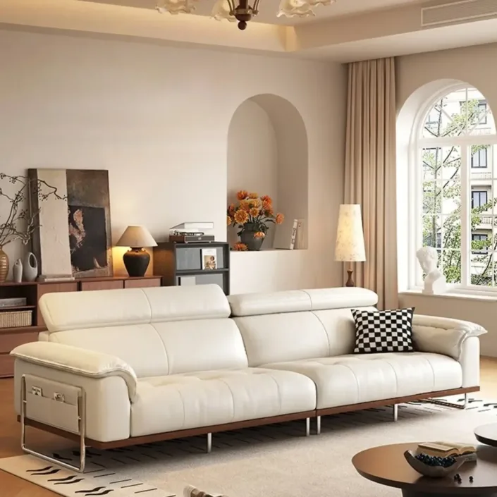 Mid-Century High-Back Minimalist Genuine Leather Sofa