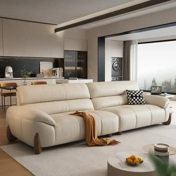 Globe Furnishings - Cream-colored Italian minimalist Nordic leather sofa Globe Furnishings - Cream-colored Italian minimalist Nordic leather sofa