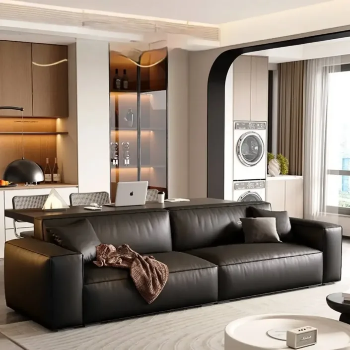 Creamy textured tofu block Italian genuine leather sofa
