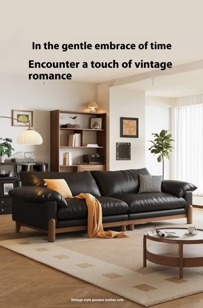 French retro style straight row top grain leather sofa