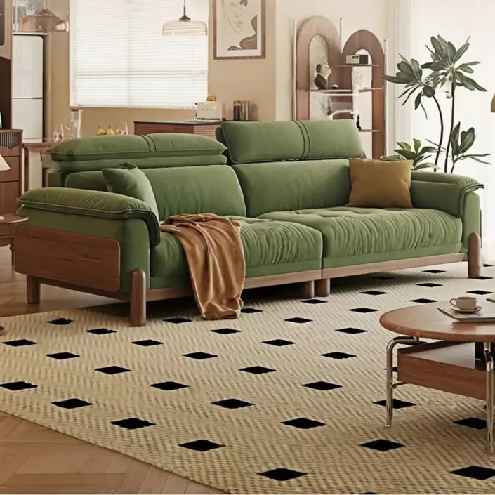 Natural Wood-Style Cream Upholstered Sofa