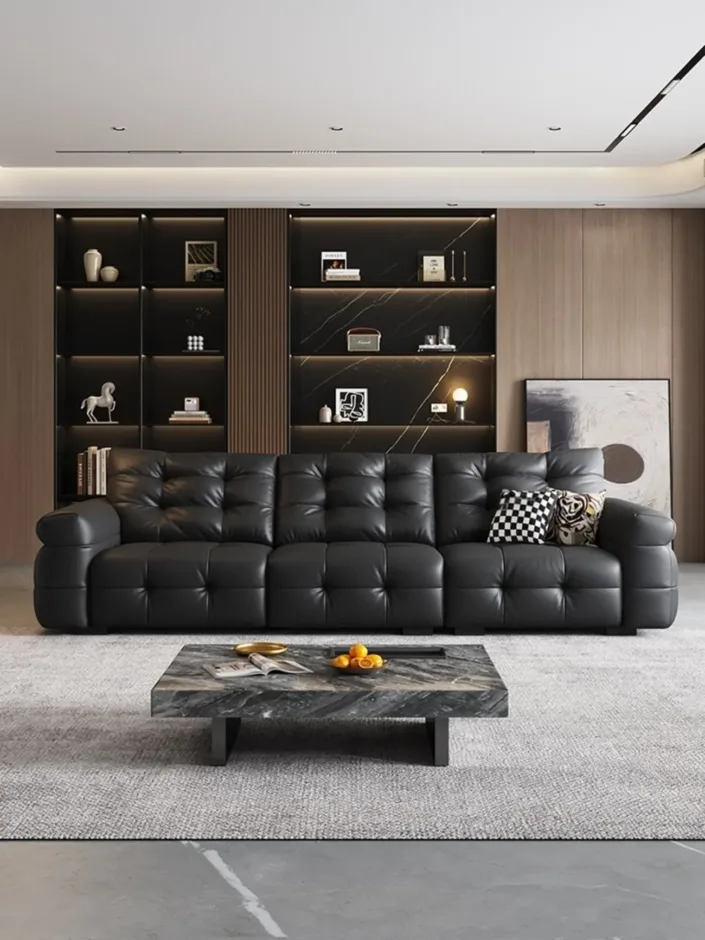 Italian Light Luxury French Vintage Straight Grain Top Layer Leather Sofa