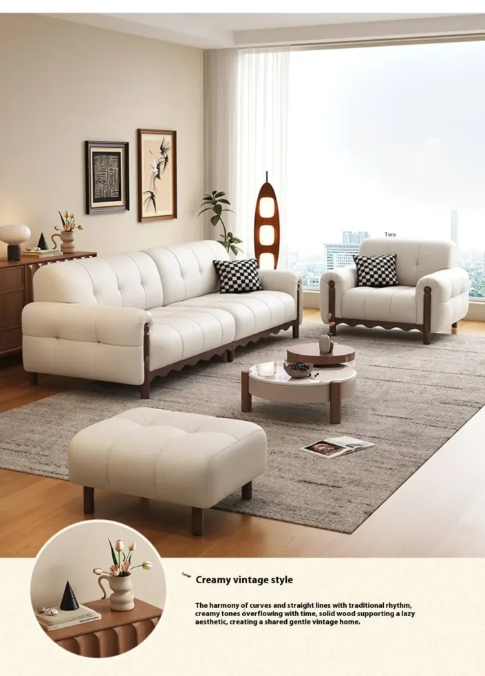 New Vintage Style Top-Grain Leather Solid Wood Upholstered Sofa