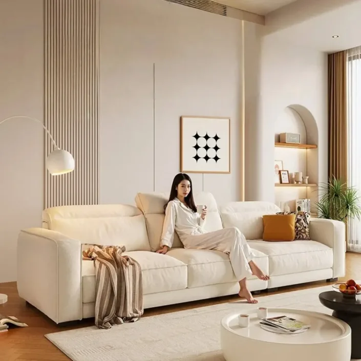 Adjustable Headrest Straight-Line Sofa with Tofu-Block Design