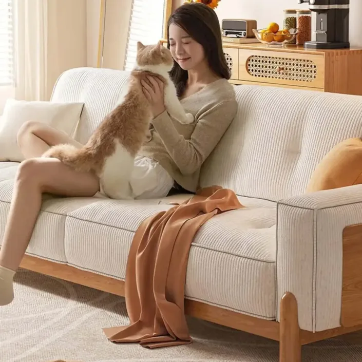 Globe Furnishings - Rustic Wooden Sofa with Corduroy Cushions Globe Furnishings - Rustic Wooden Sofa with Corduroy Cushions
