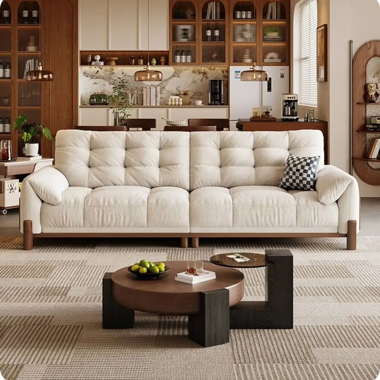 主图-02 Globe Furnishings - Vintage-Style Solid Wood Cloud-Pattern Upholstered Sofa