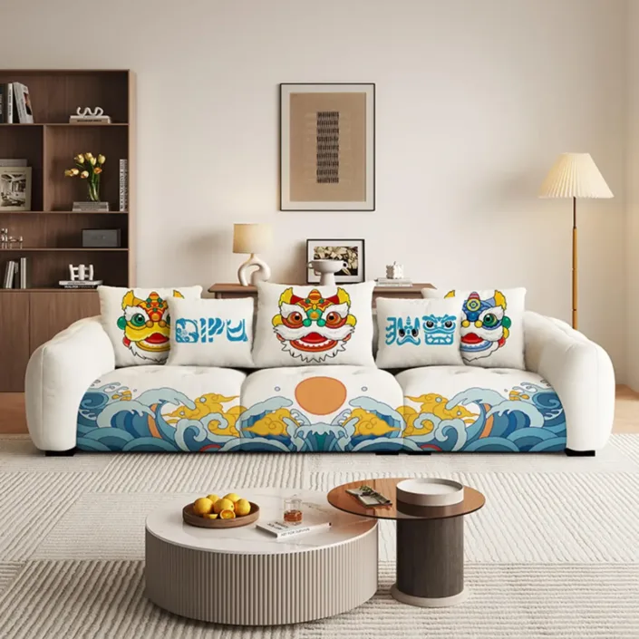 Globe Furnishings - Chinese Style Waking Lion Velvet Sofa - Straight Design Globe Furnishings - Chinese Style Waking Lion Velvet Sofa - Straight Design