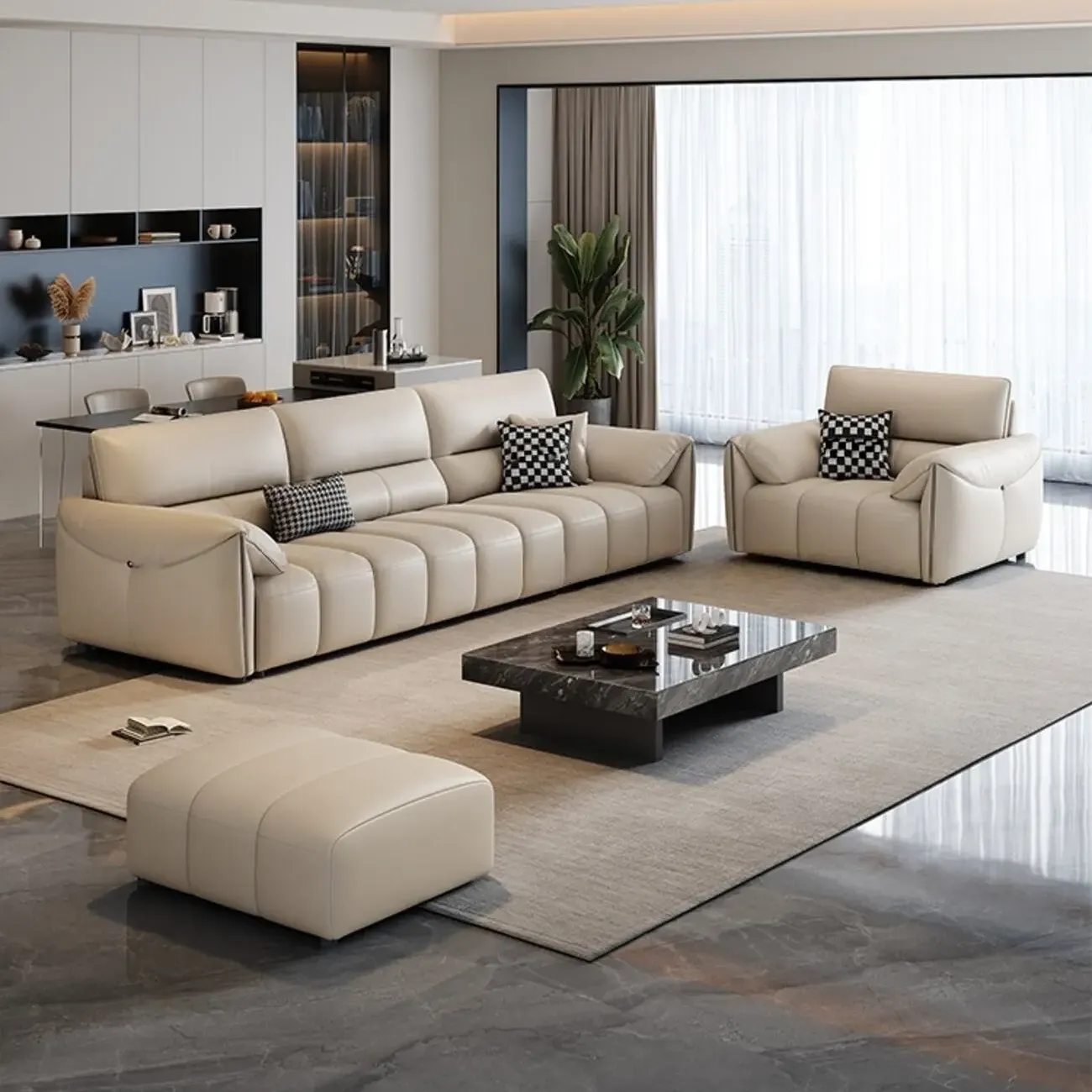 主图-02 Globe Furnishings - Light-Luxury Cream Style Top-Grain Leather Sofa