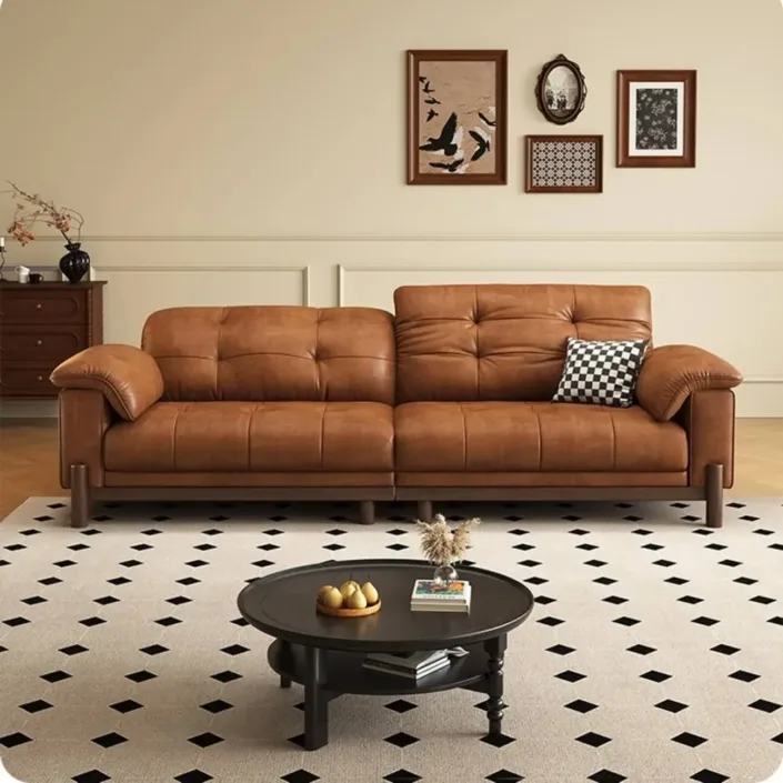 Oil-Waxed Leather Mid-Century Vintage Top-Grain Leather Sofa