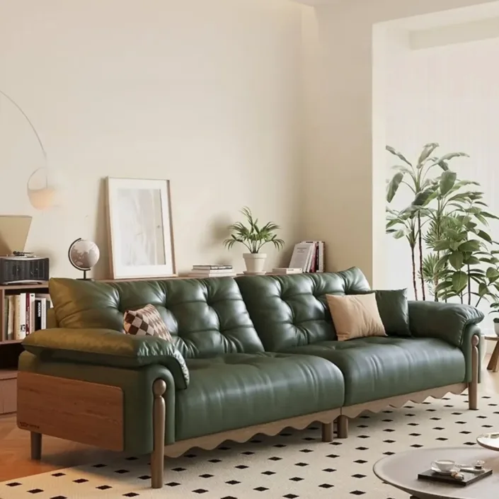 Solid Wood Sofa with Vintage Oil-Waxed Leather