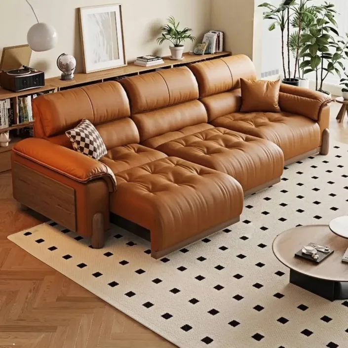 Retro Style Electric Reclining Top-Grain Leather Sofa Bed