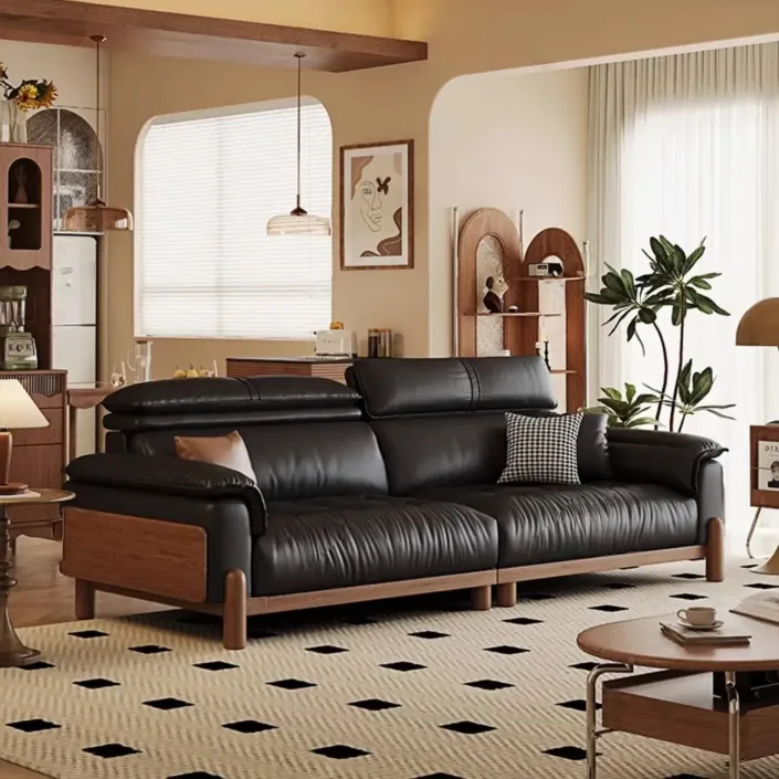 Italian Minimalist Straight-Back Top-Grain Leather Sofa