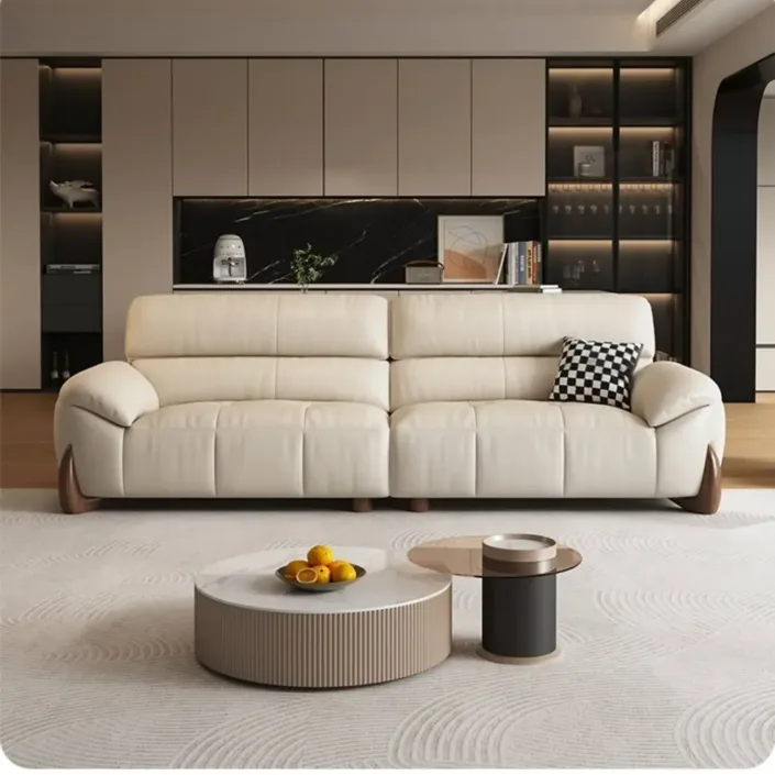 Globe Furnishings - Cream-colored Italian minimalist Nordic leather sofa Globe Furnishings - Cream-colored Italian minimalist Nordic leather sofa