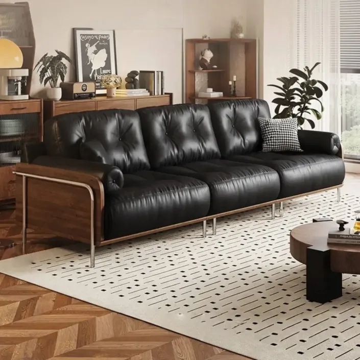 Retro-style minimalist genuine leather sofa