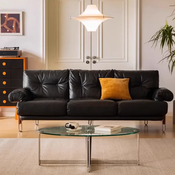 Designer style straight-line black genuine leather sofa