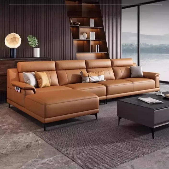Globe Furnishings - Italian Minimalist Top-Grain Leather Chaise Corner Sofa Globe Furnishings - Italian Minimalist Top-Grain Leather Chaise Corner Sofa