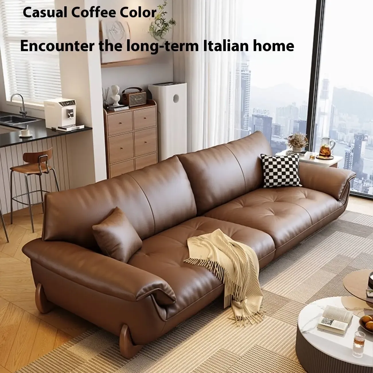 主图-03 Globe Furnishings - Italian Vintage Style Oil-Waxed Leather Straight-Line Sofa