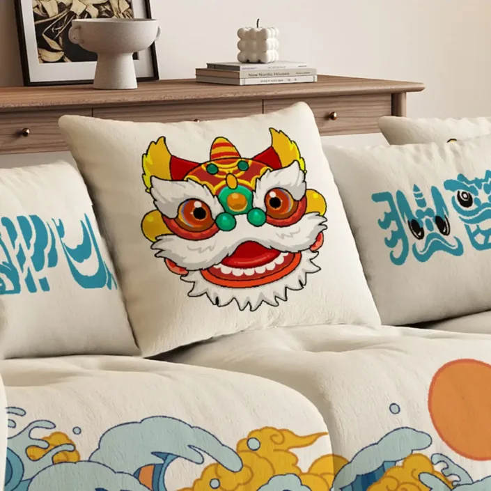 Globe Furnishings - Chinese Style Waking Lion Velvet Sofa - Straight Design Globe Furnishings - Chinese Style Waking Lion Velvet Sofa - Straight Design