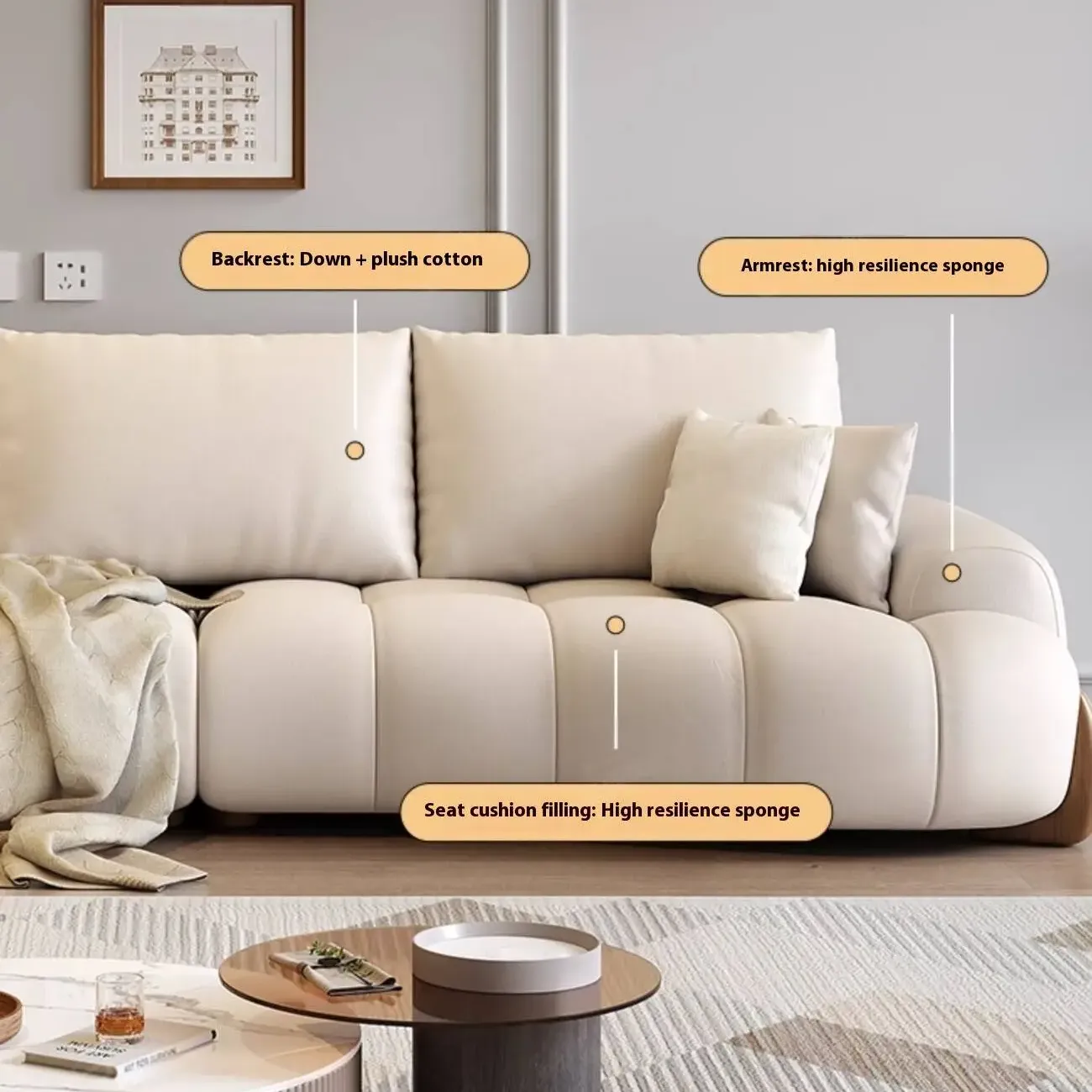 主图-04 Globe Furnishings - Italian Curved Cream-Colored Leather Sofa