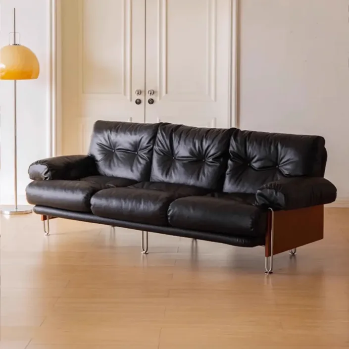 Globe Furnishings - Designer style straight-line black genuine leather sofa Globe Furnishings - Designer style straight-line black genuine leather sofa