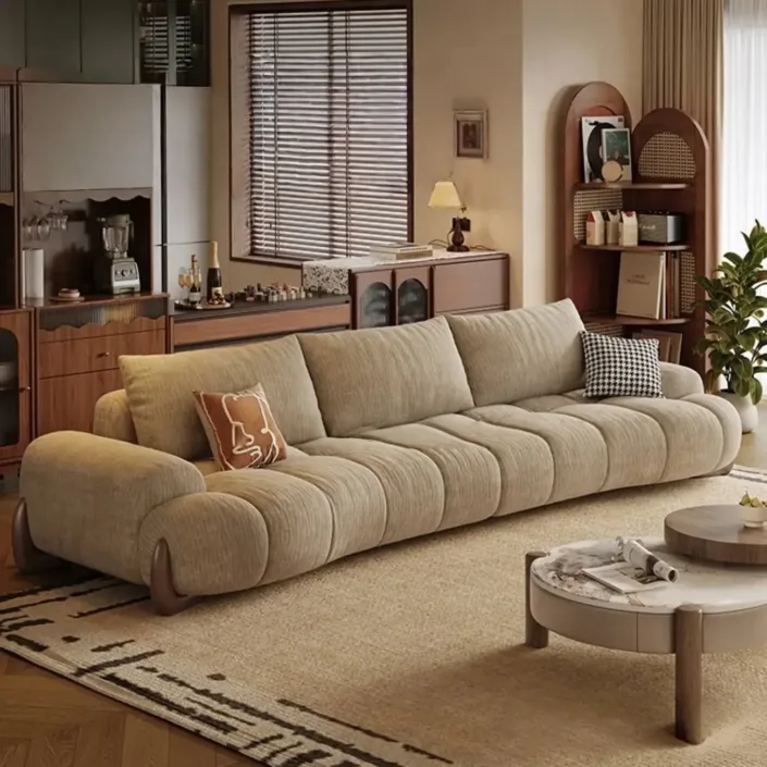Vintage-style curved fabric sofa