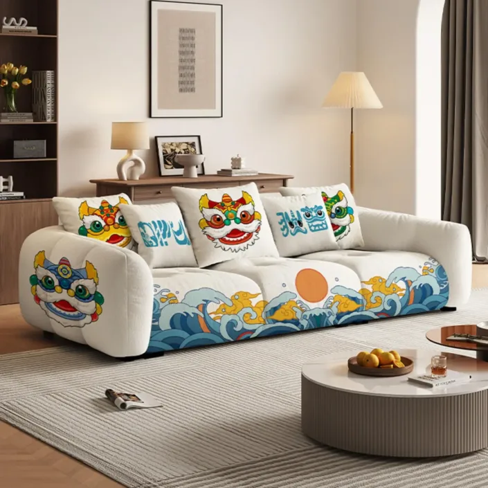 Globe Furnishings - Chinese Style Waking Lion Velvet Sofa - Straight Design Globe Furnishings - Chinese Style Waking Lion Velvet Sofa - Straight Design