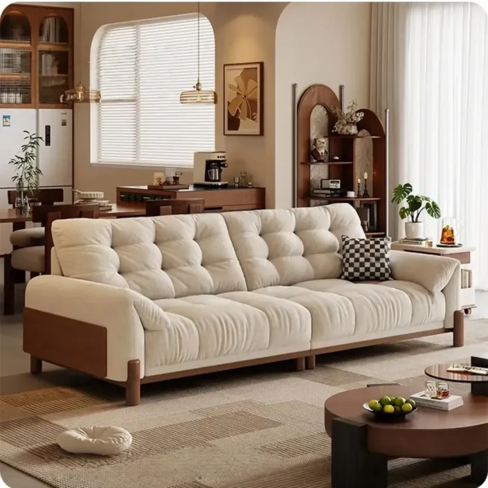 Vintage-Style Solid Wood Cloud-Pattern Upholstered Sofa