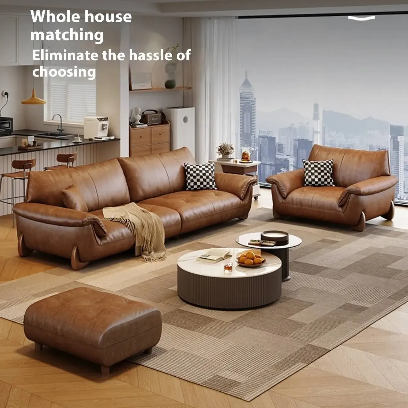 主图-06 Globe Furnishings - Italian Vintage Style Oil-Waxed Leather Straight-Line Sofa