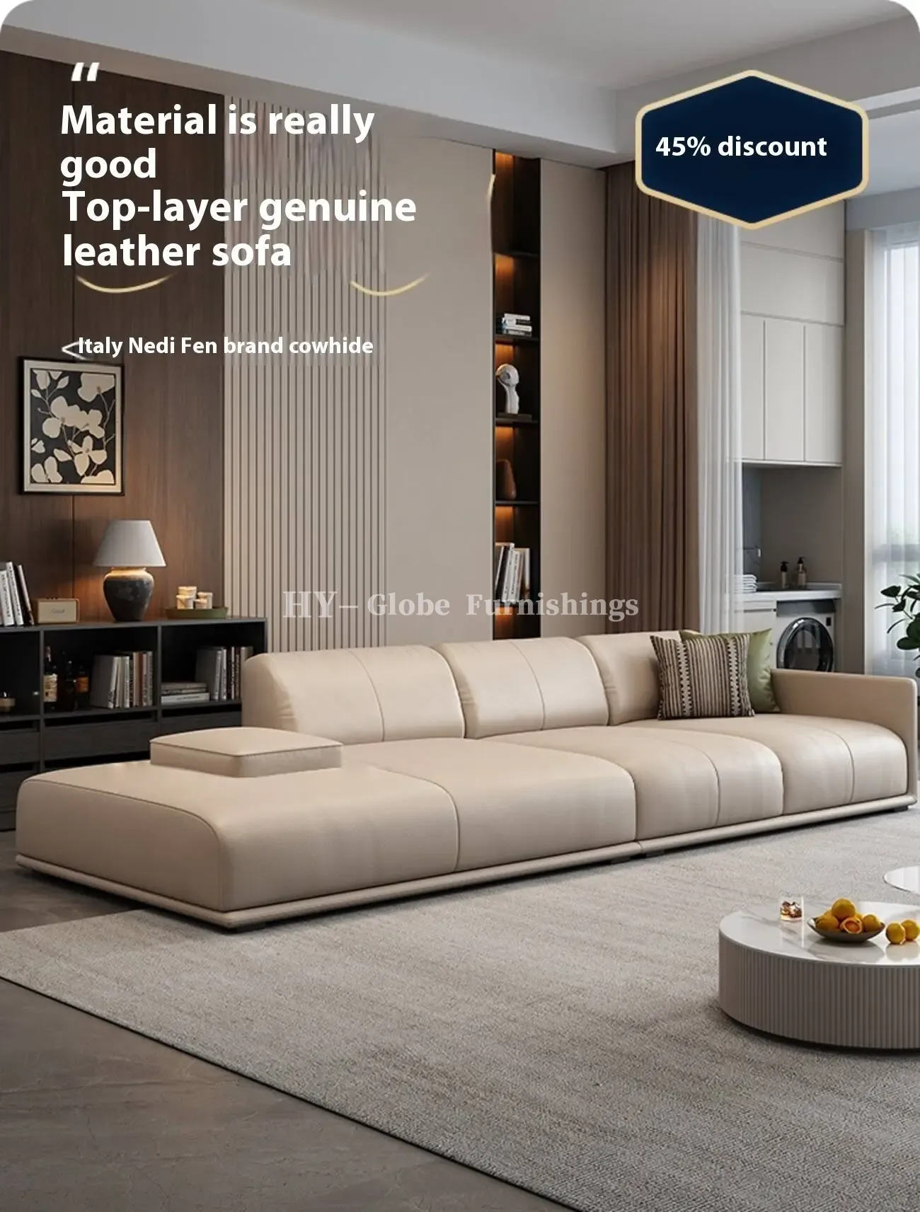 Globe Furnishings - Module cream-colored top-grain leather sofa