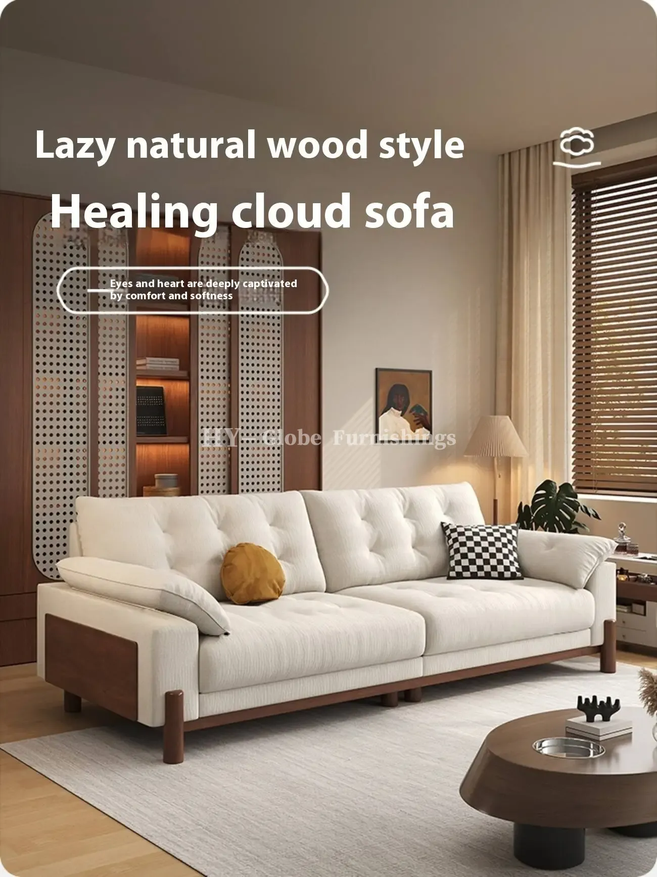 Globe Furnishings - Removable-Cover Solid Wood Cloud-Style Upholstered fabric Sofa