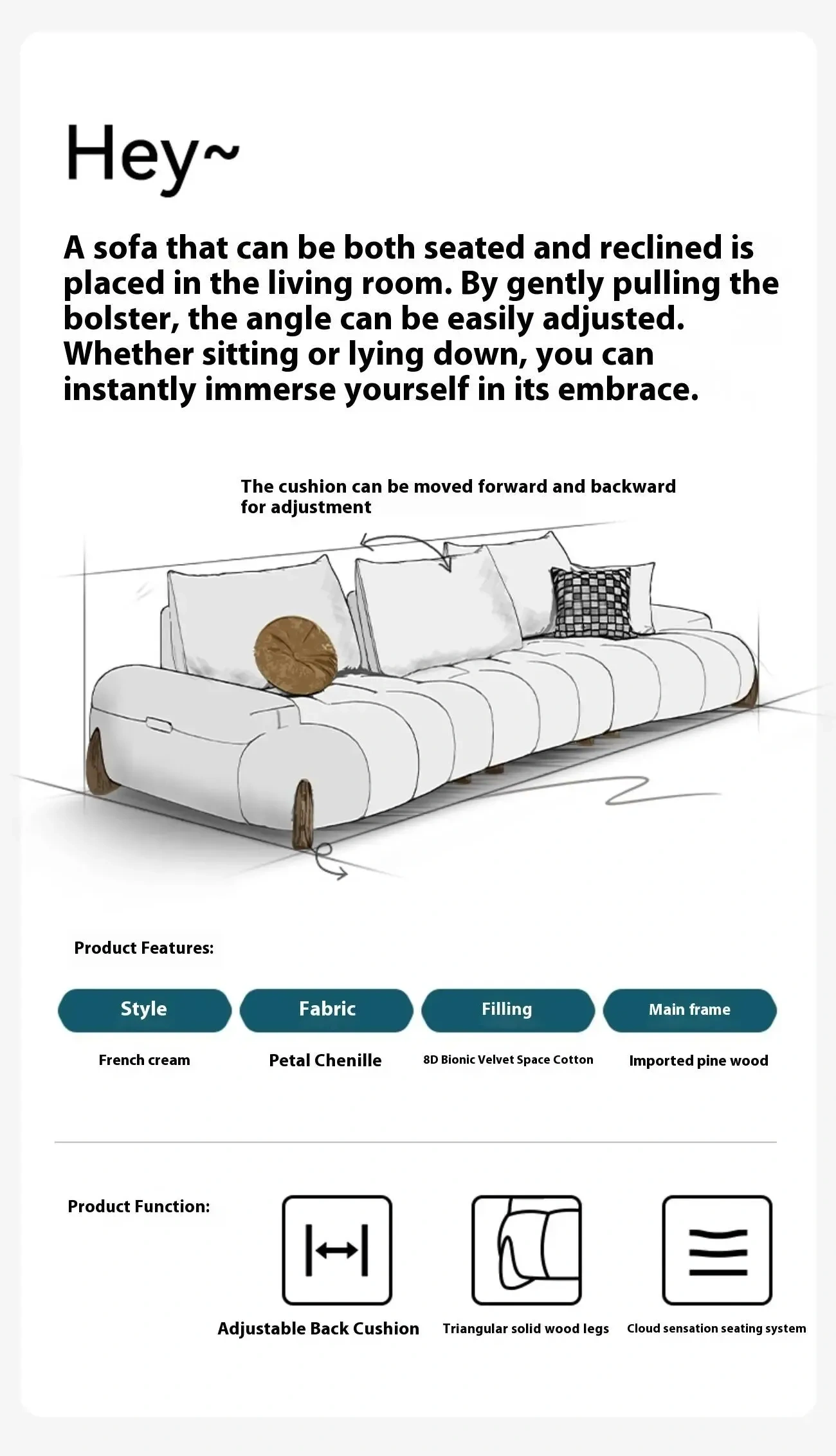 Globe Furnishings - New Adjustable Deep-Seat Linear Fabric Sofa